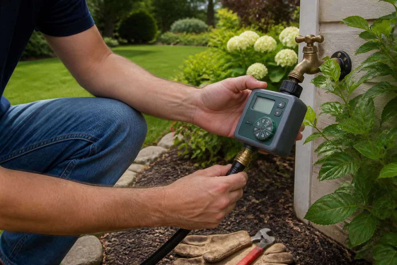 Person installing a drip irrigation timer on a garden hose in a landscaped yard with plants and mulch.