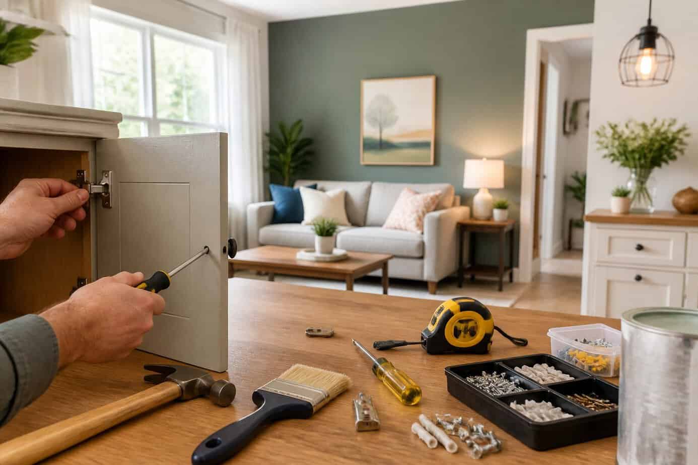 Person working on small home improvement projects with tools on a table in a bright living room.