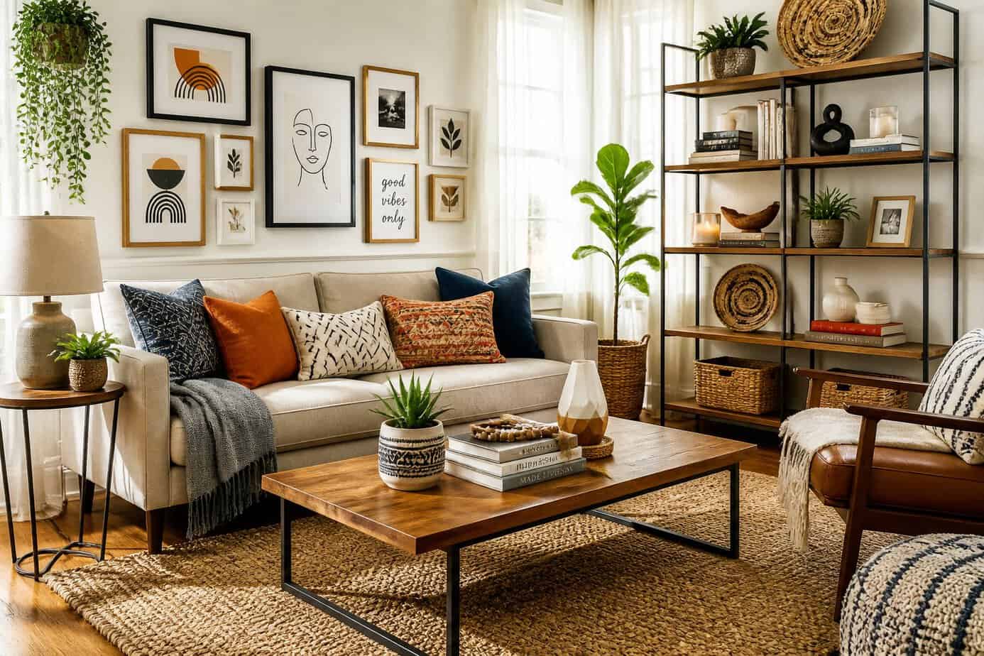 A bright living room with a sofa, colorful pillows, a wooden coffee table with plants and books, framed artwork on the walls, and an open shelf with decorative items.