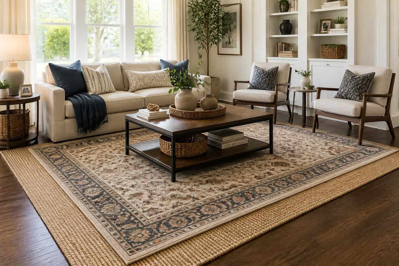 Living room with a large wool rug layered over a smaller rug on a hardwood floor, surrounded by modern furniture and natural light.