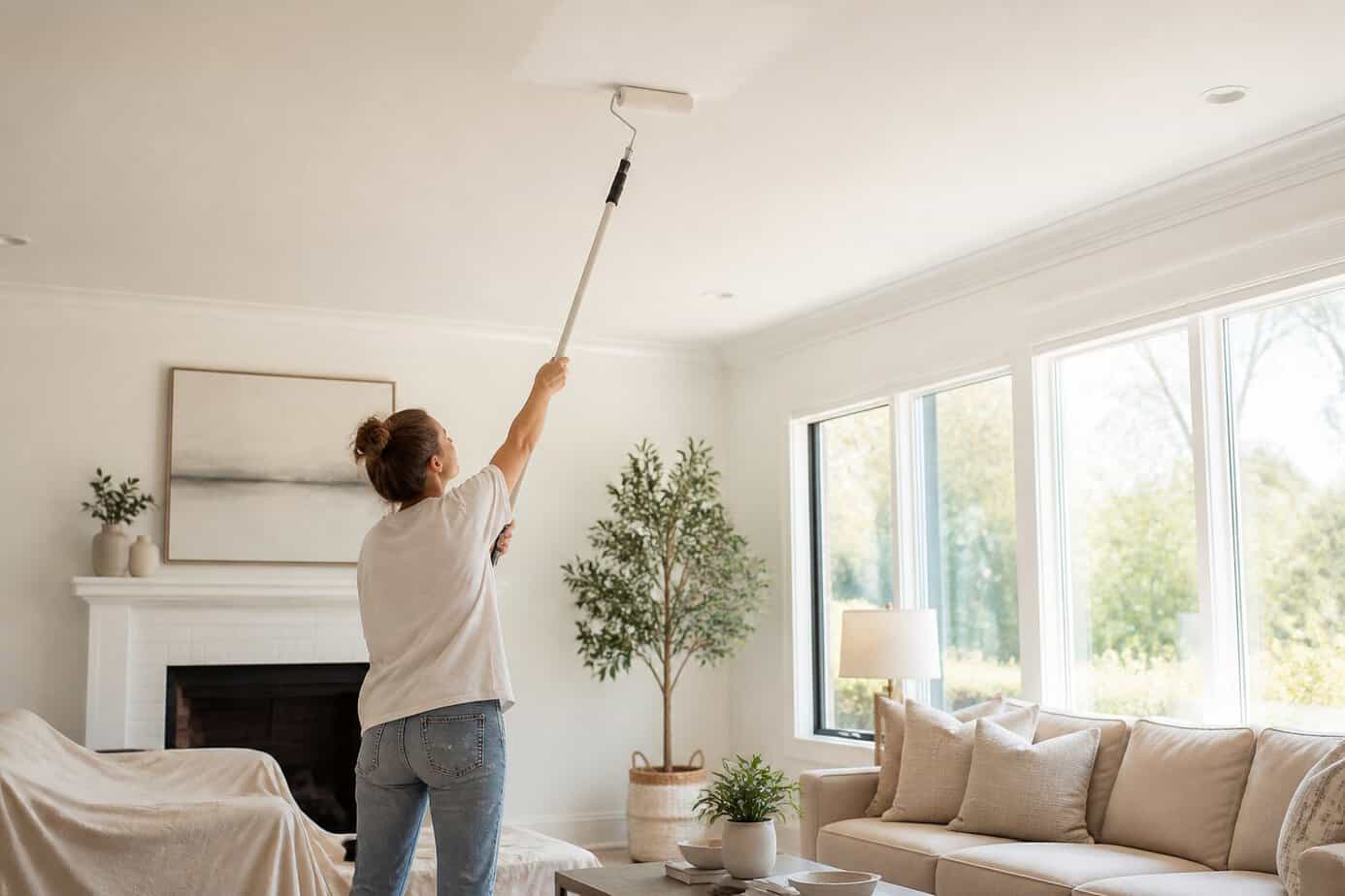 Person painting a living room ceiling white with a roller on an extension pole in a bright, modern space.
