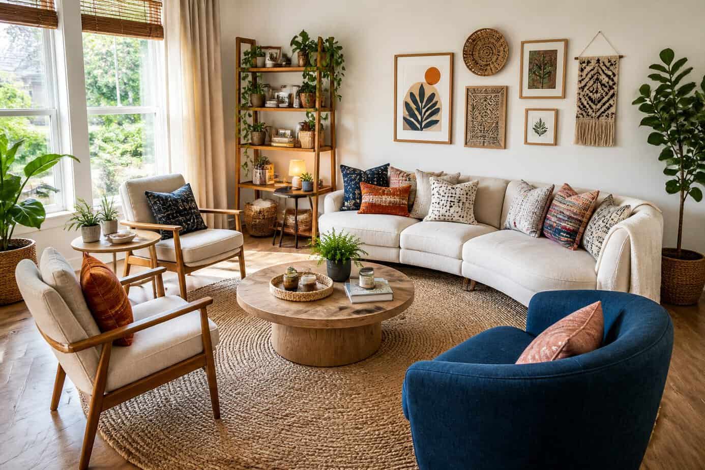 A living room with chairs and a sofa arranged in a curved seating area around a coffee table, decorated with plants and artwork.