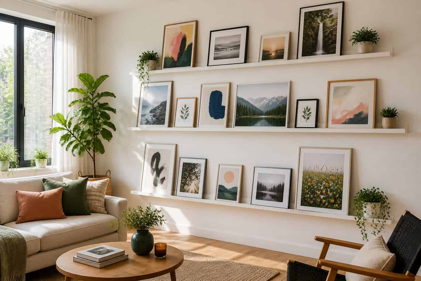 A living room wall with IKEA picture ledges displaying various framed artworks and photos arranged in a rotating gallery style.