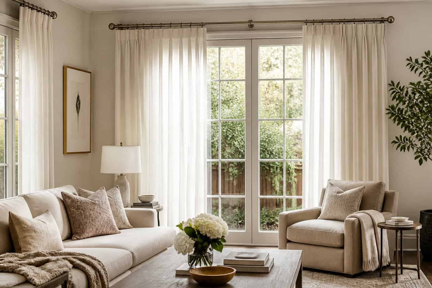 Living room with tall windows featuring curtains hung from ceiling to floor using classic metal drapery hardware, with daylight filling the space.