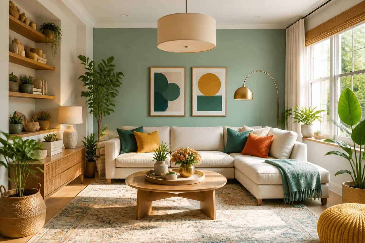 A modern living room with a neutral base color, soft accent tones, and bold colorful highlights, featuring furniture, plants, and decorative elements arranged thoughtfully.