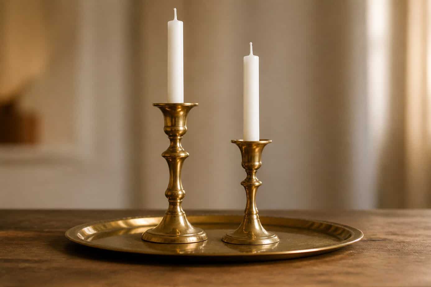 A vintage brass tray holding two brass candlesticks with white candles on a wooden surface.