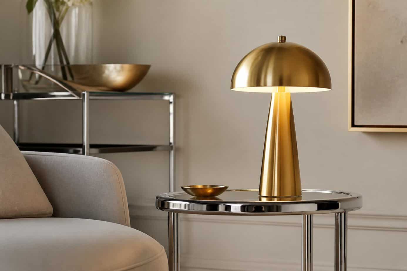 A brass table lamp on a chrome side table in a softly lit room.