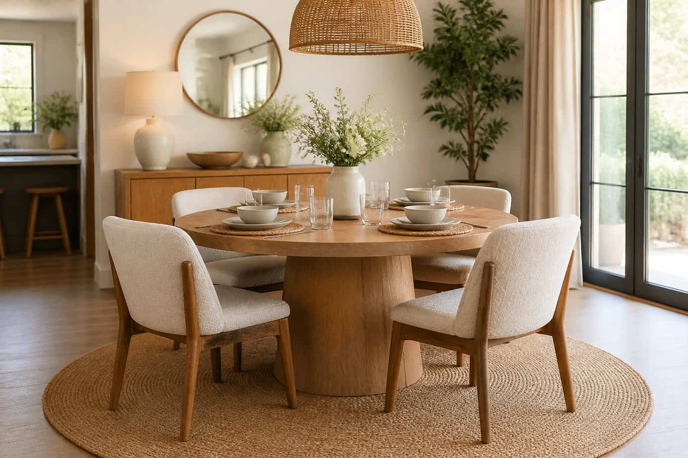 Dining room with a round jute rug under a wooden table set with chairs and natural light coming through windows.