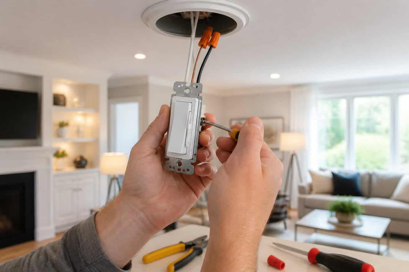 Person installing a dimmer switch on an overhead light fixture in a living room with layered lighting.