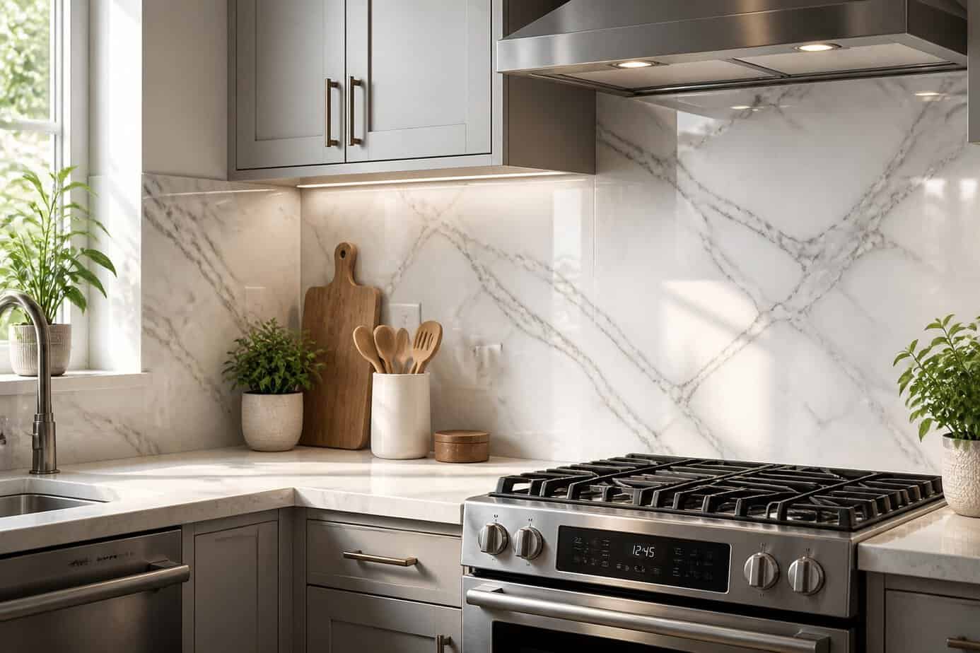 A modern kitchen with a white and gray marble backsplash, stainless steel appliances, and a clean countertop with plants and utensils.