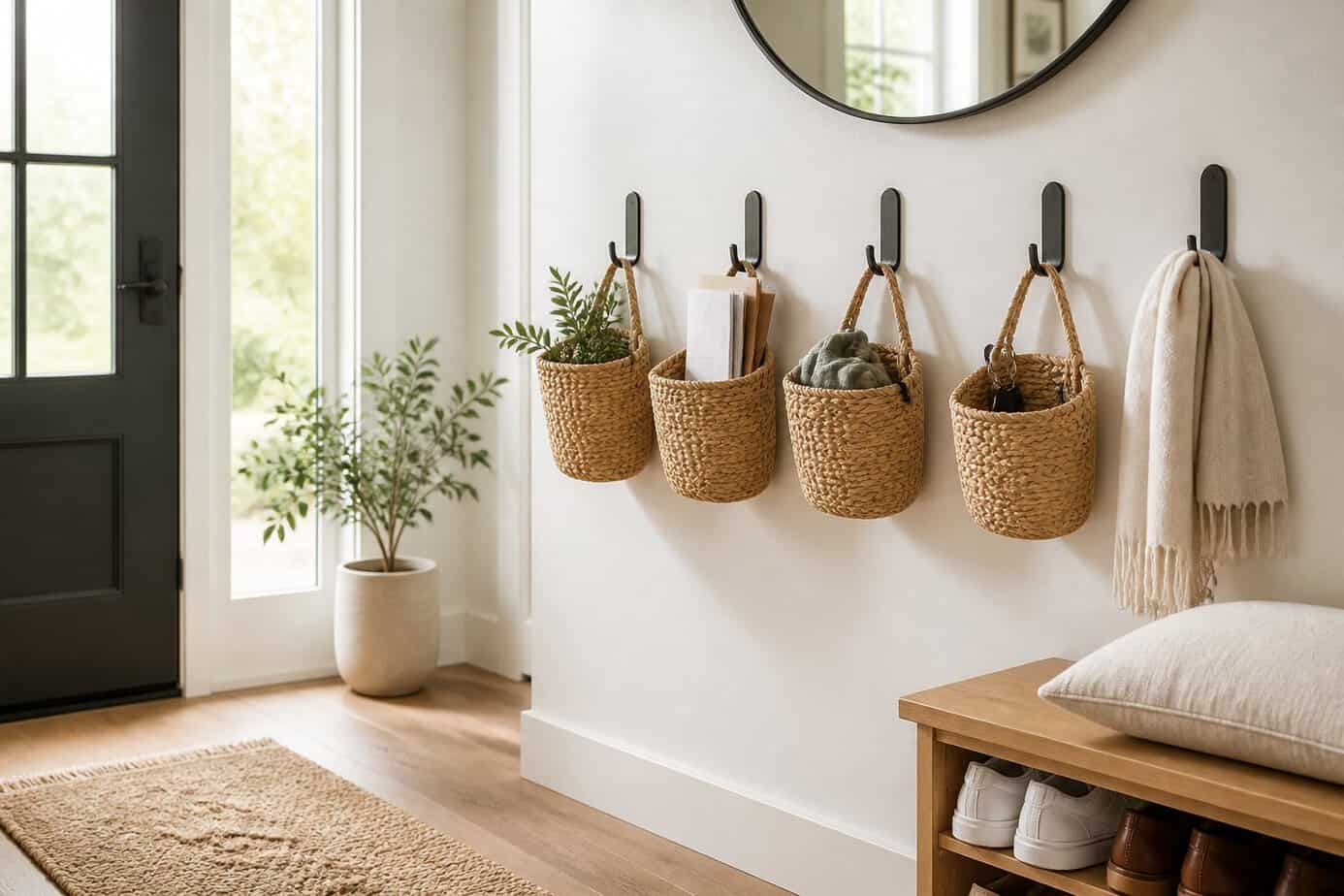 Entryway wall with command hooks holding lightweight woven baskets for organized storage.