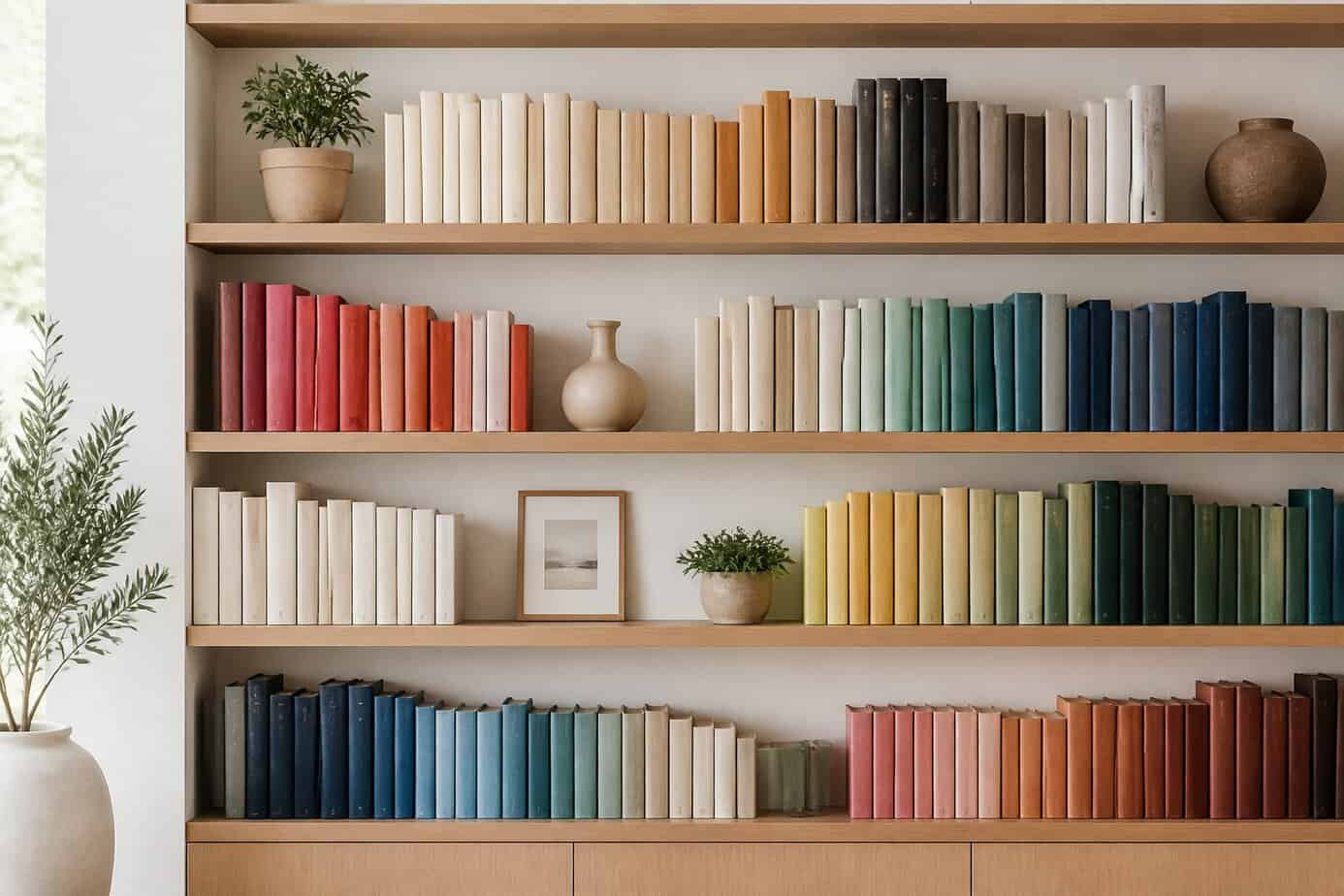Open wooden shelves filled with books arranged by color and height to create a balanced and organized display.