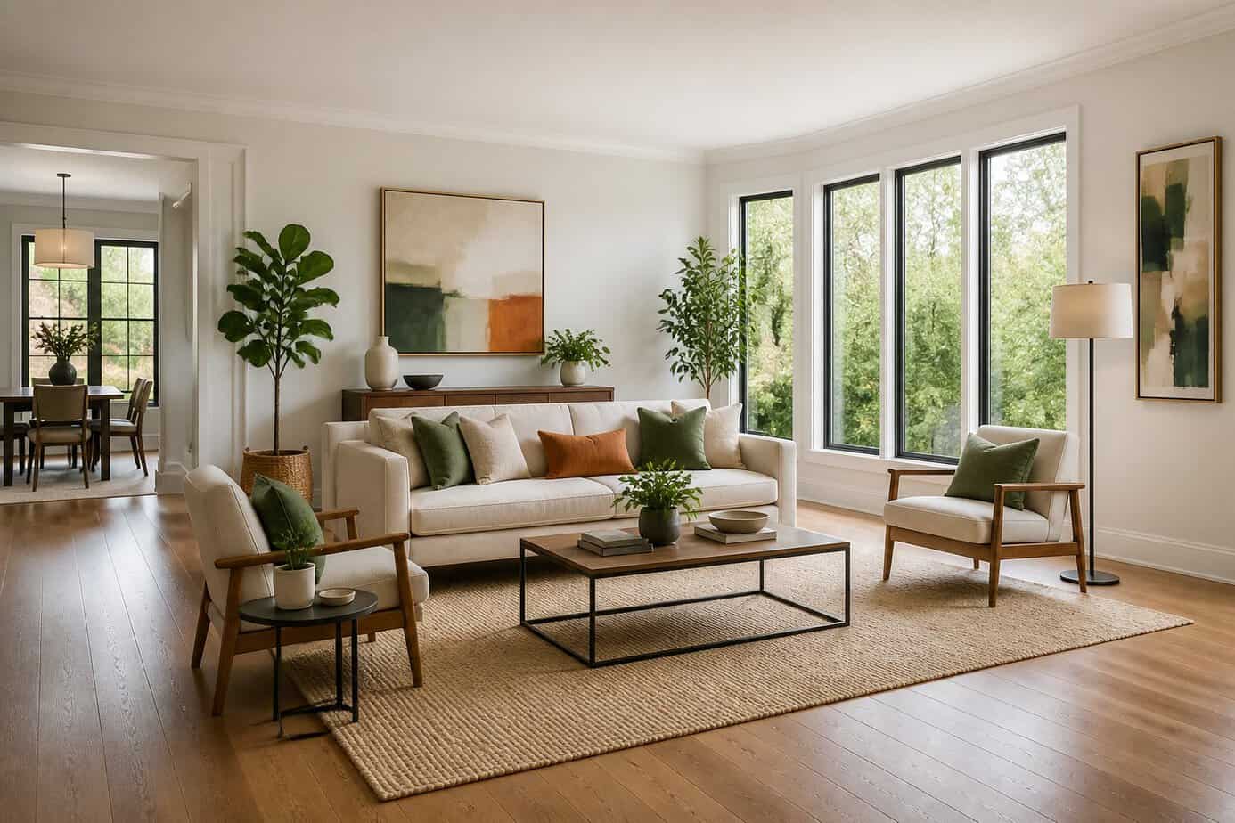 A modern living room with furniture arranged away from the walls to improve movement through the space.