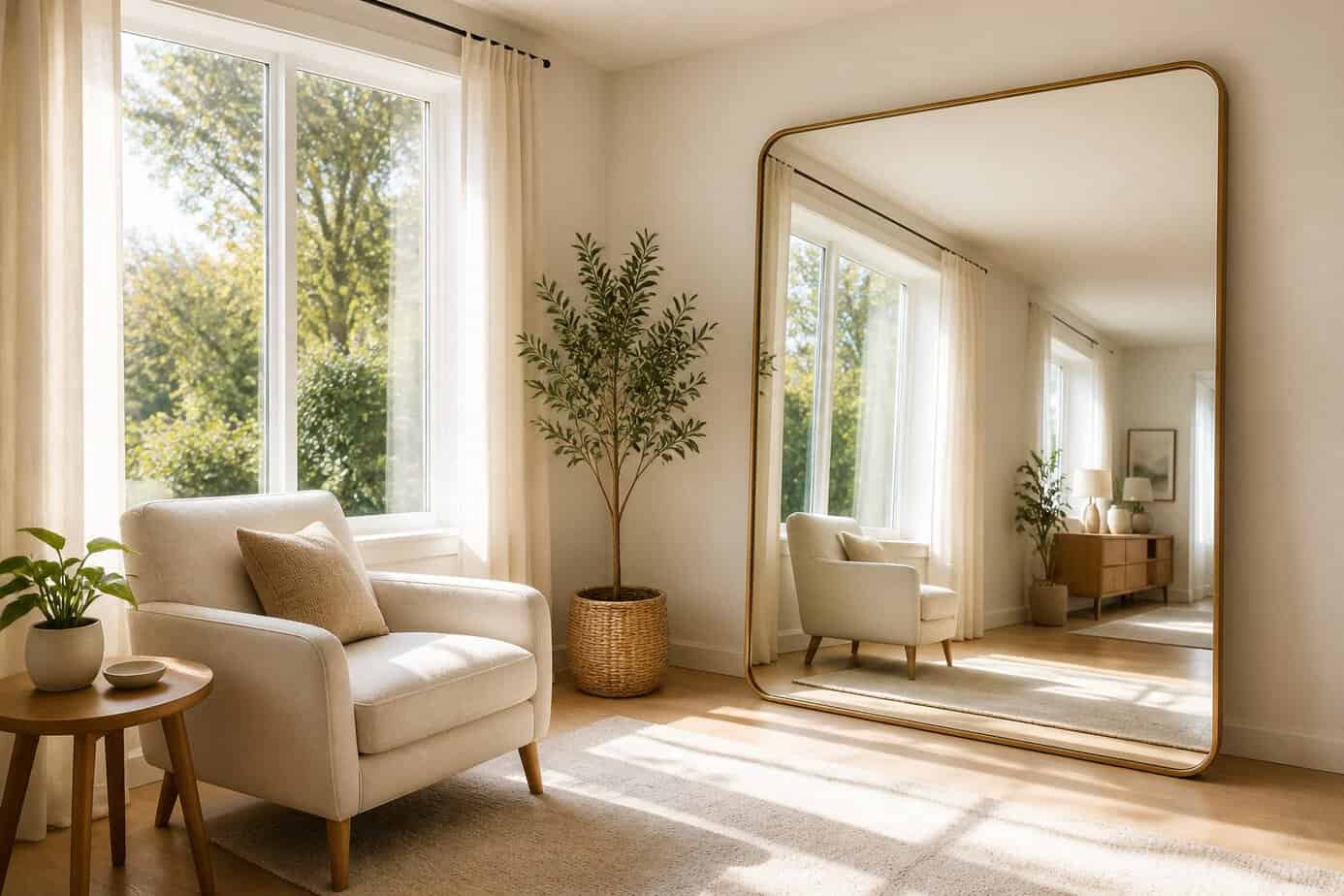 A bright living room with a full-length mirror opposite a window reflecting natural sunlight into the space.