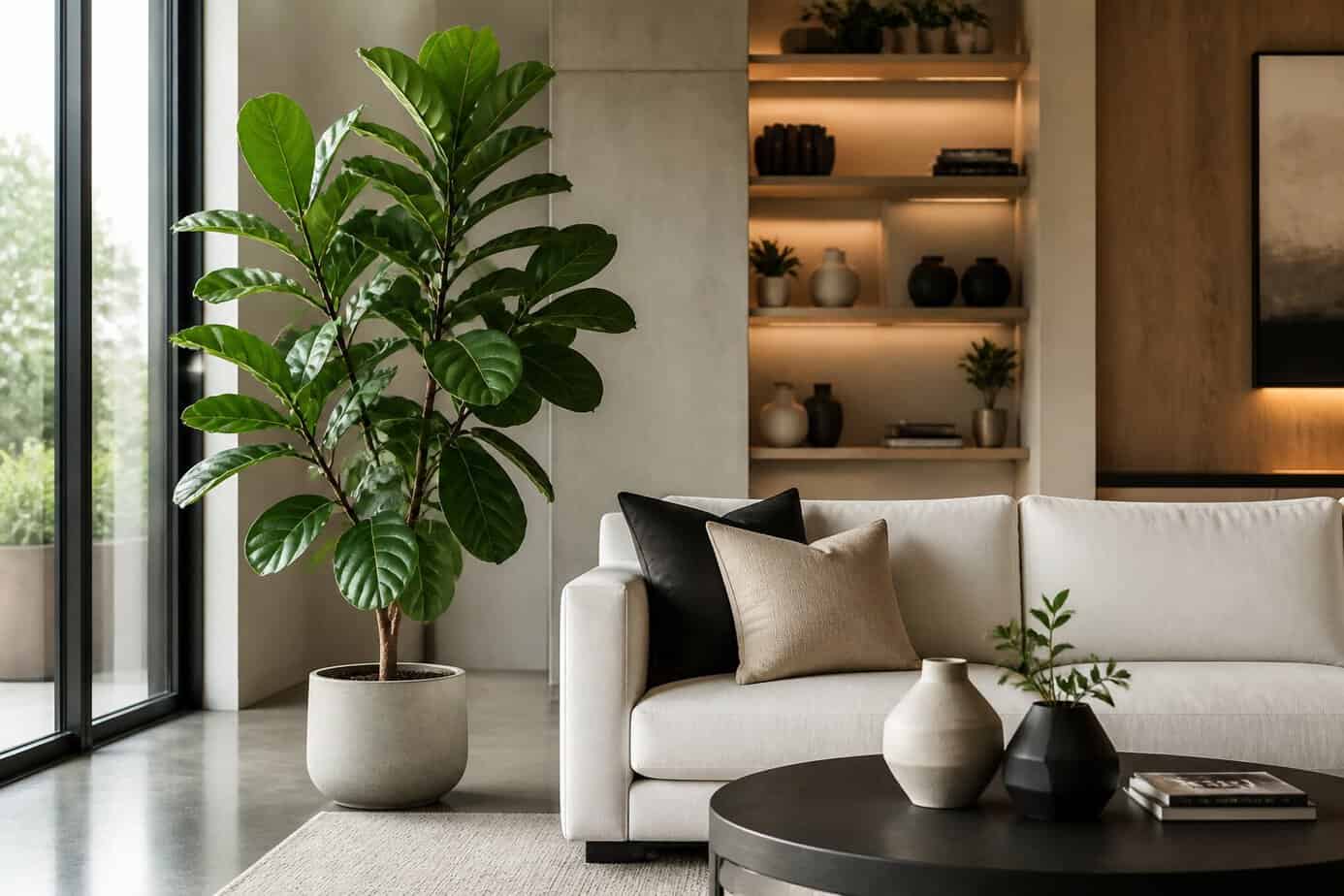 Indoor living room with a large fiddle leaf fig or rubber plant next to a sofa and coffee table.