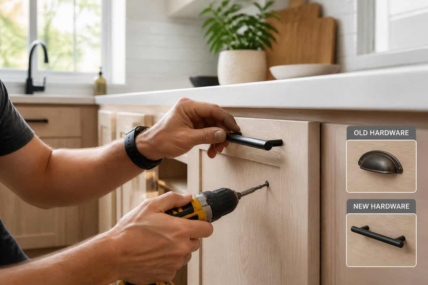 Close-up of hands installing matte black cabinet pulls on light wooden cabinets in a bright kitchen.