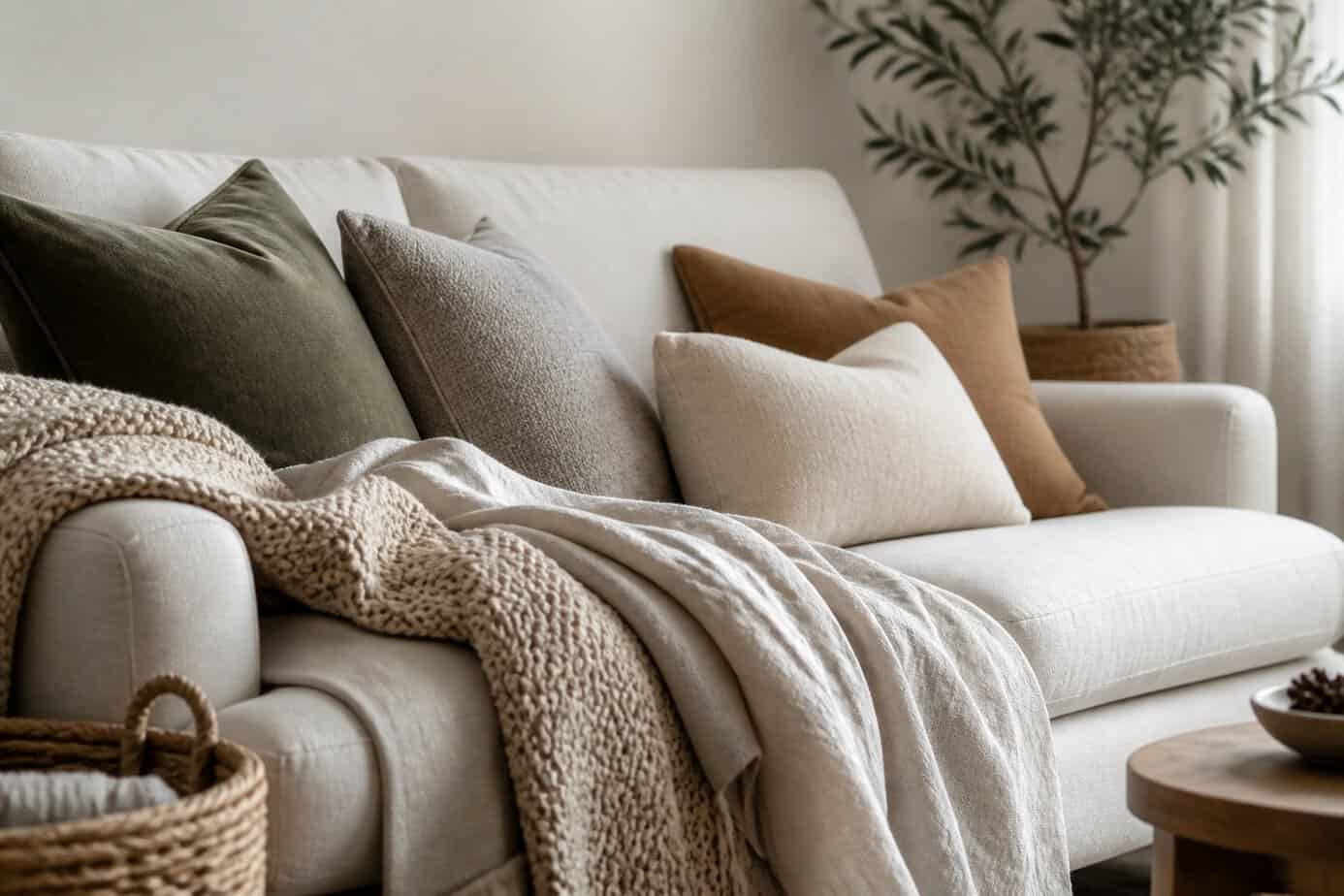 A sofa with layered chunky knit and linen throw blankets and decorative cushions in a bright living room.
