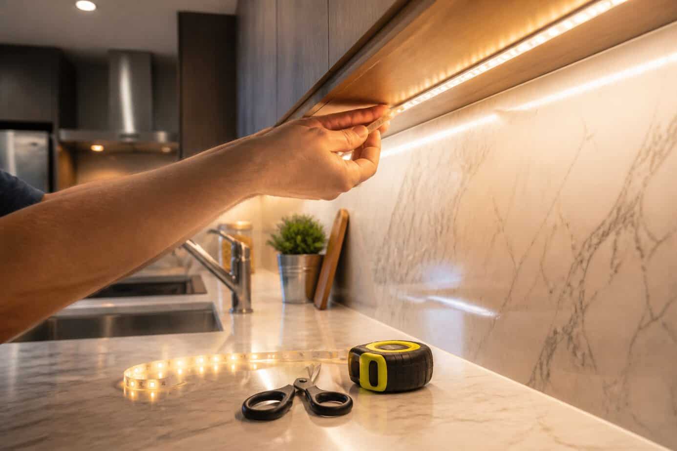Hands installing LED tape lighting under kitchen cabinets in a modern kitchen.