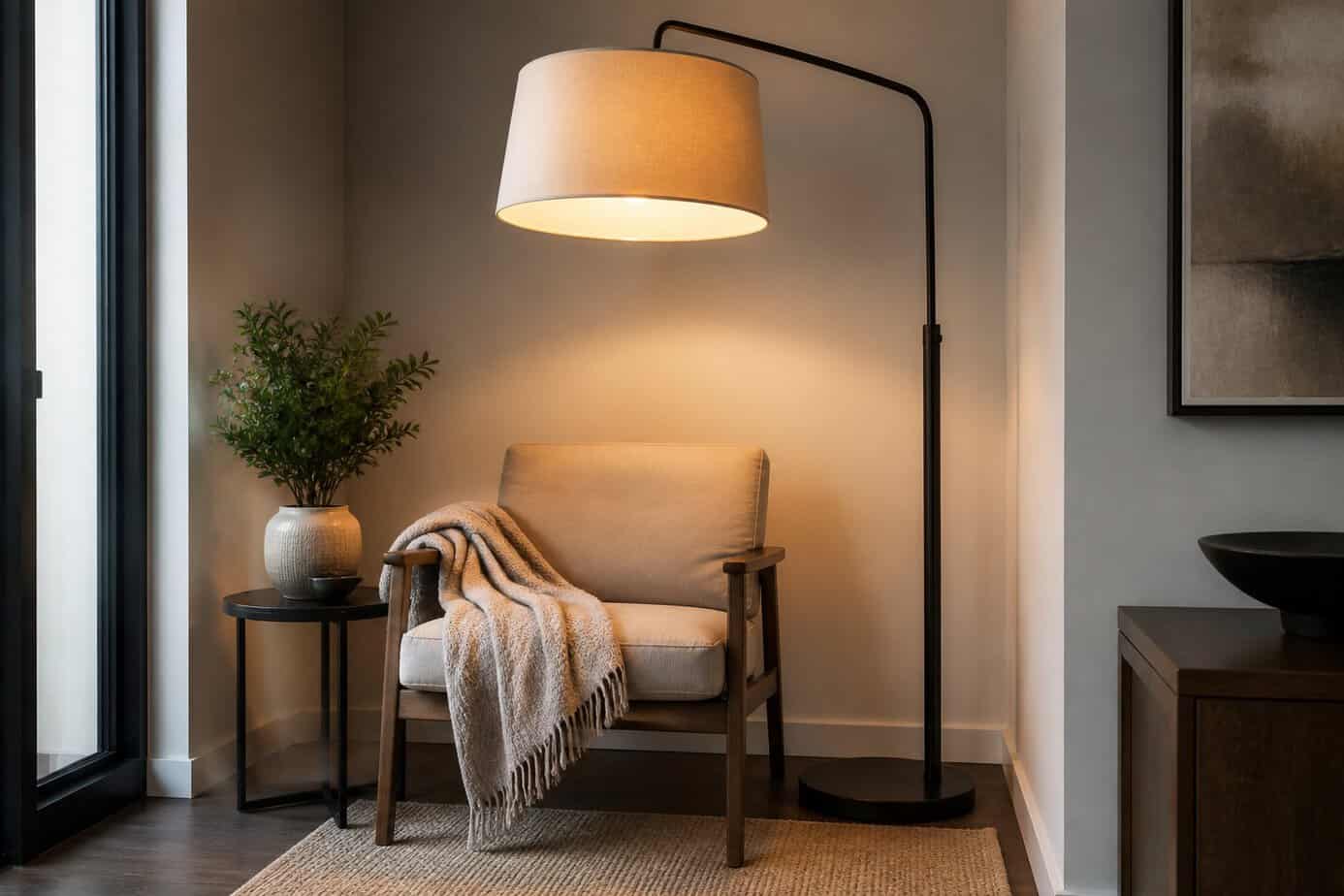 A small corner with an oversized floor lamp next to a chair and side table with a plant.