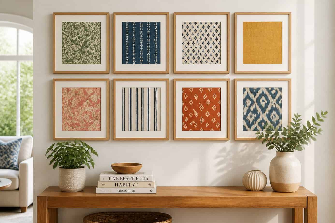 A wall with framed fabric swatches arranged as custom art above a wooden console table with plants and decor items.