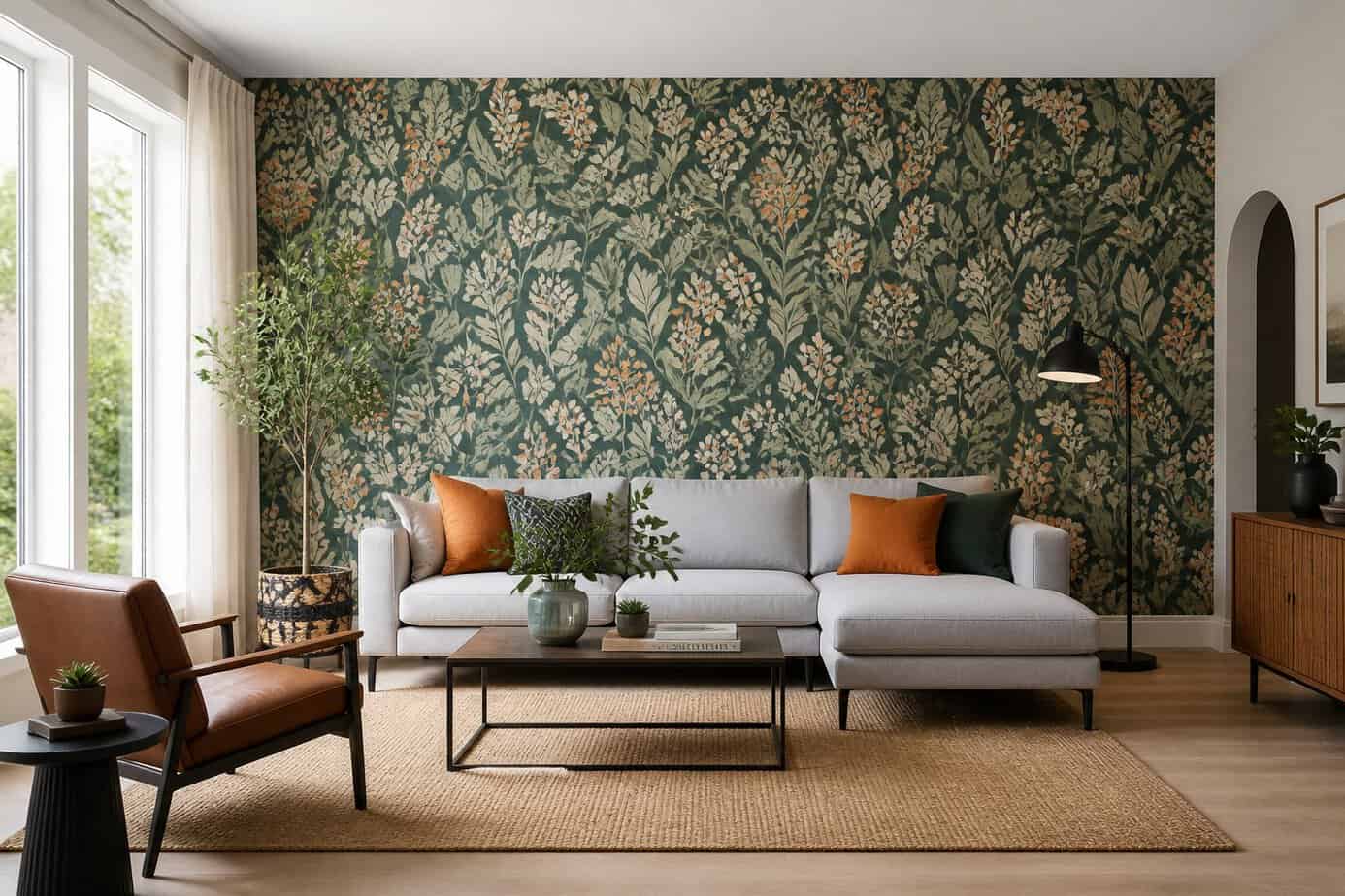 A modern living room with a single accent wall covered in patterned wallpaper, furnished with a sofa, coffee table, and plants.