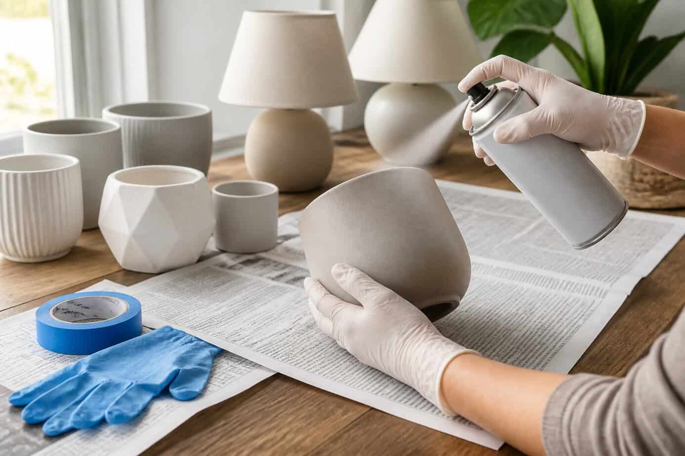 Hands spray painting ceramic planters and lamps on a wooden table with painting supplies nearby.