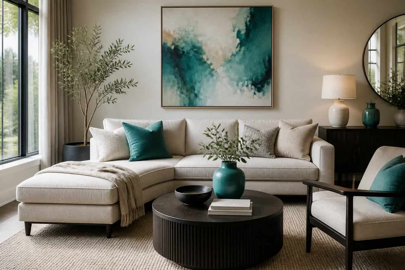 A modern living room with a sofa, coffee table, and wall art all featuring the same accent color repeated in different elements.
