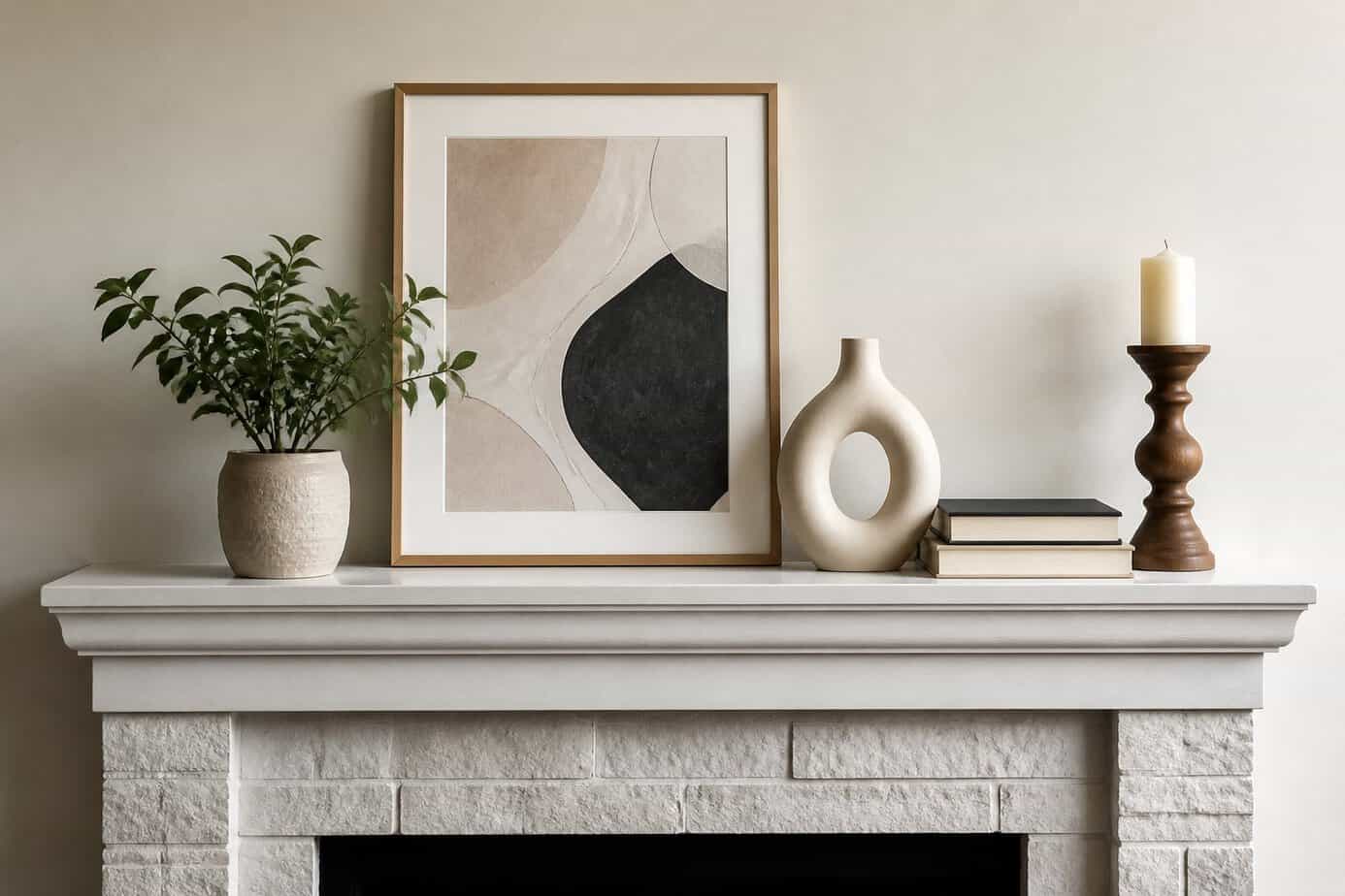 A living room mantel with five decorative objects arranged in an odd-numbered grouping including a plant, framed art, vase, books, and candle.