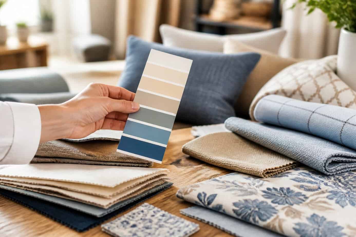 A hand holding a color card next to various fabric swatches and cushions arranged on a table.