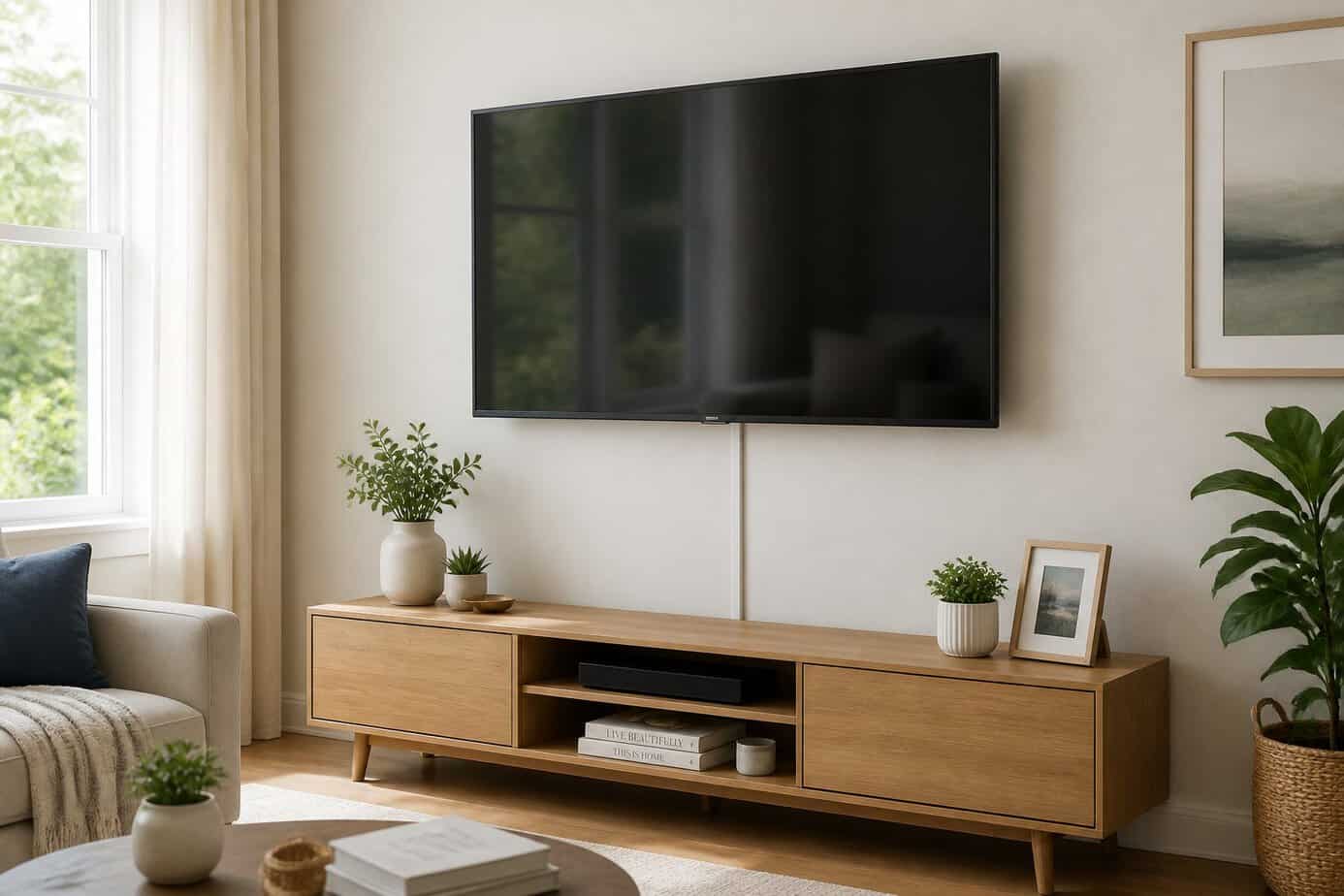 Living room corner with a wall-mounted TV and cables hidden by a matching painted cord cover above a wooden media console.