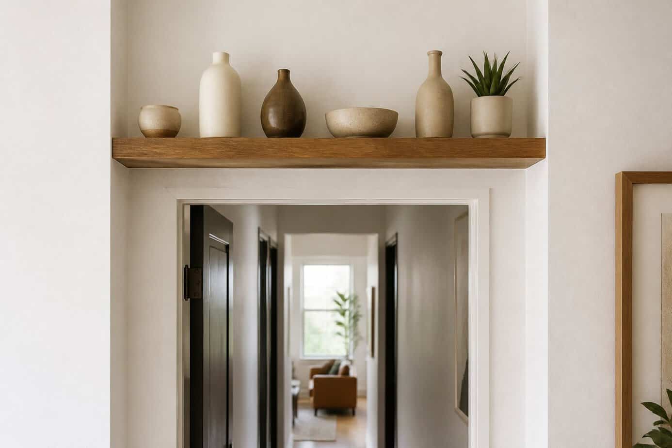 Hallway with a shallow wooden shelf above a doorway displaying small ceramic vases and bowls.