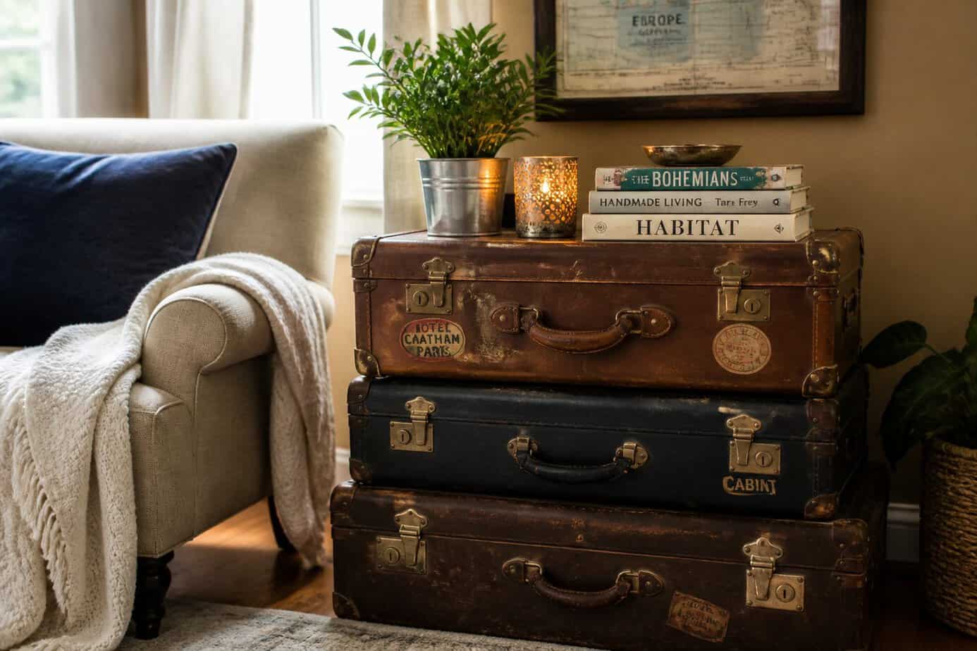 A corner of a living room with a side table made from stacked vintage suitcases holding a plant, candle, and books next to a cozy armchair.