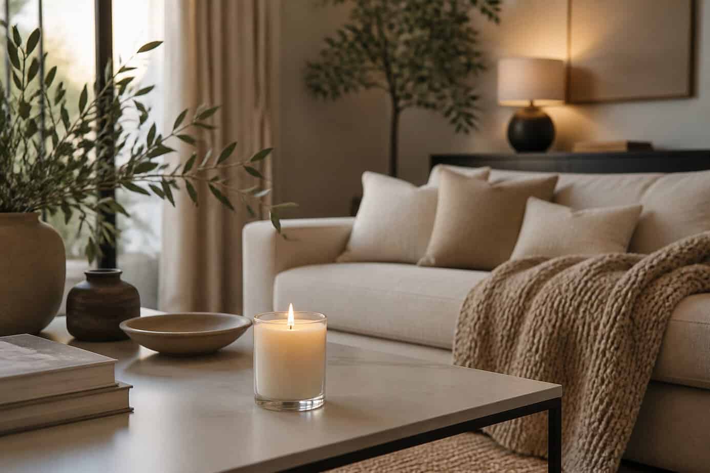 A cozy living room with a lit scented soy candle on a coffee table surrounded by cushions and plants.