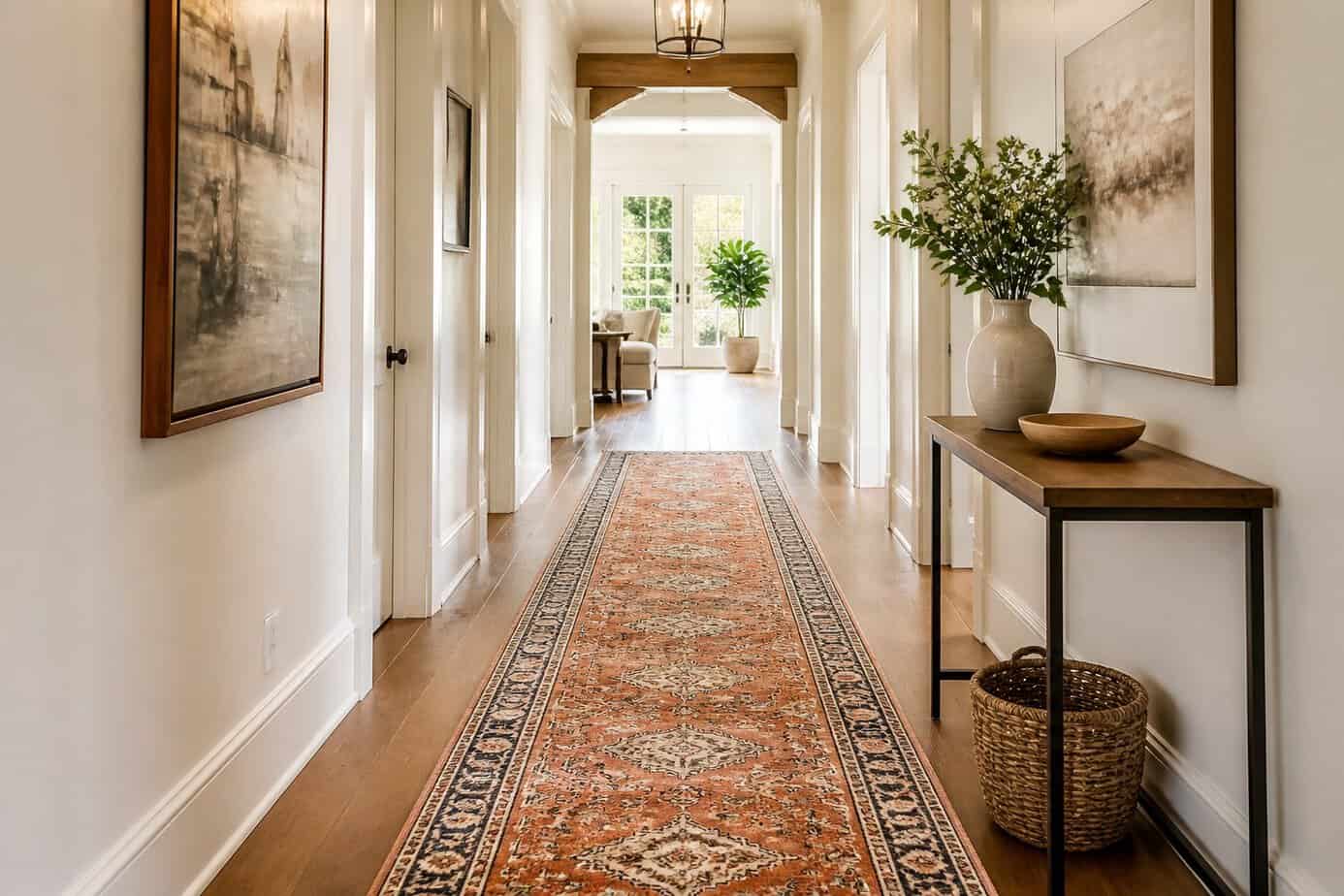 A hallway with wooden floors and a warm-toned runner rug placed down the center, with light walls and natural sunlight.