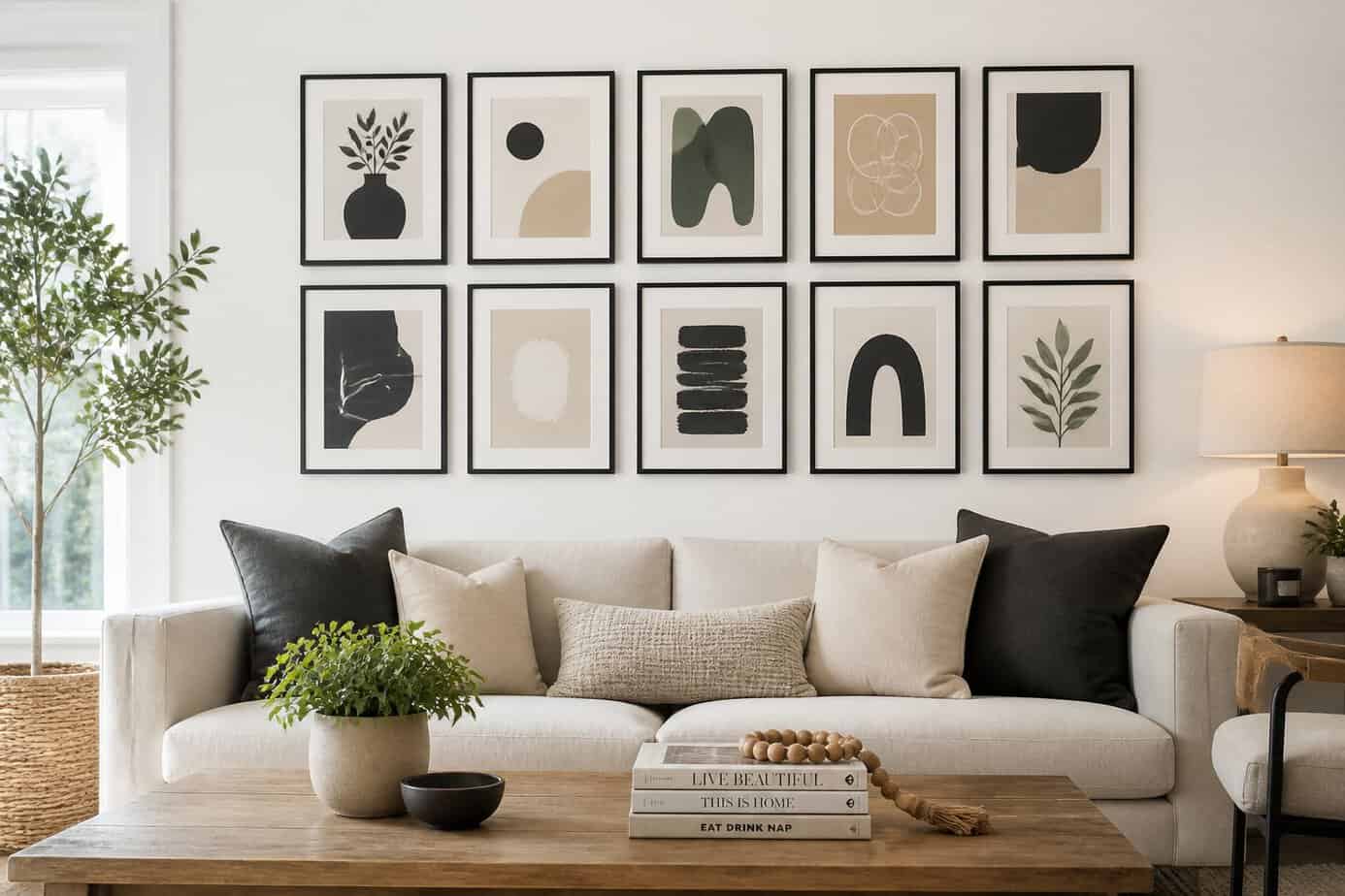A living room with a neatly arranged gallery wall of uniform picture frames above a sofa.