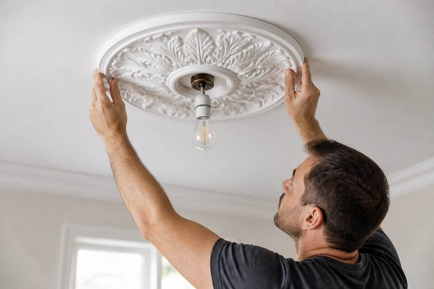 Person installing a decorative ceiling medallion around a light fixture on a ceiling.