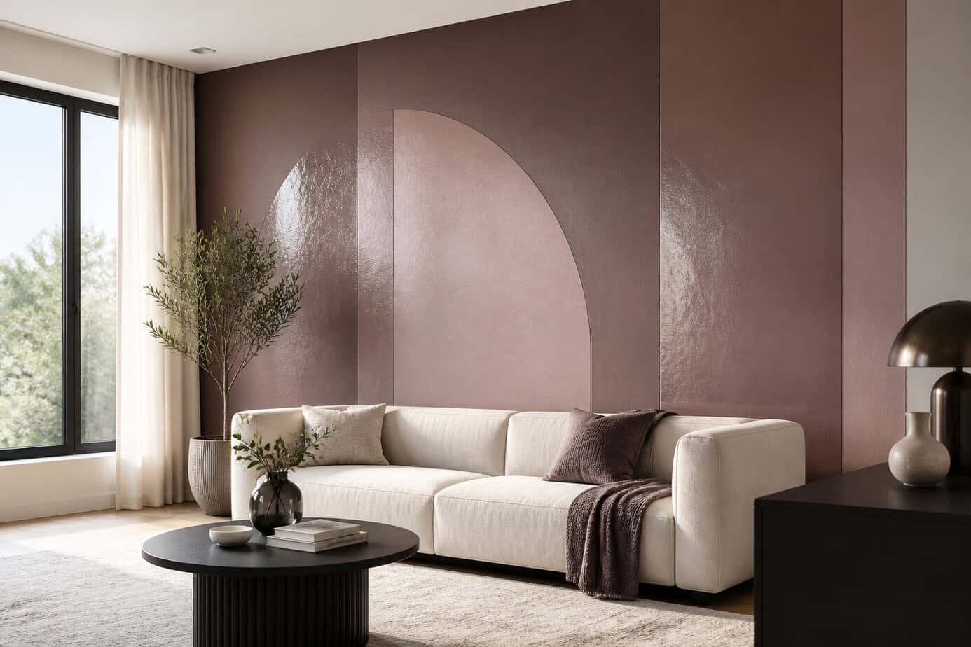 A modern living room with a wall featuring both matte and gloss paint finishes, illuminated by natural light, with minimalistic furniture and decorative items.