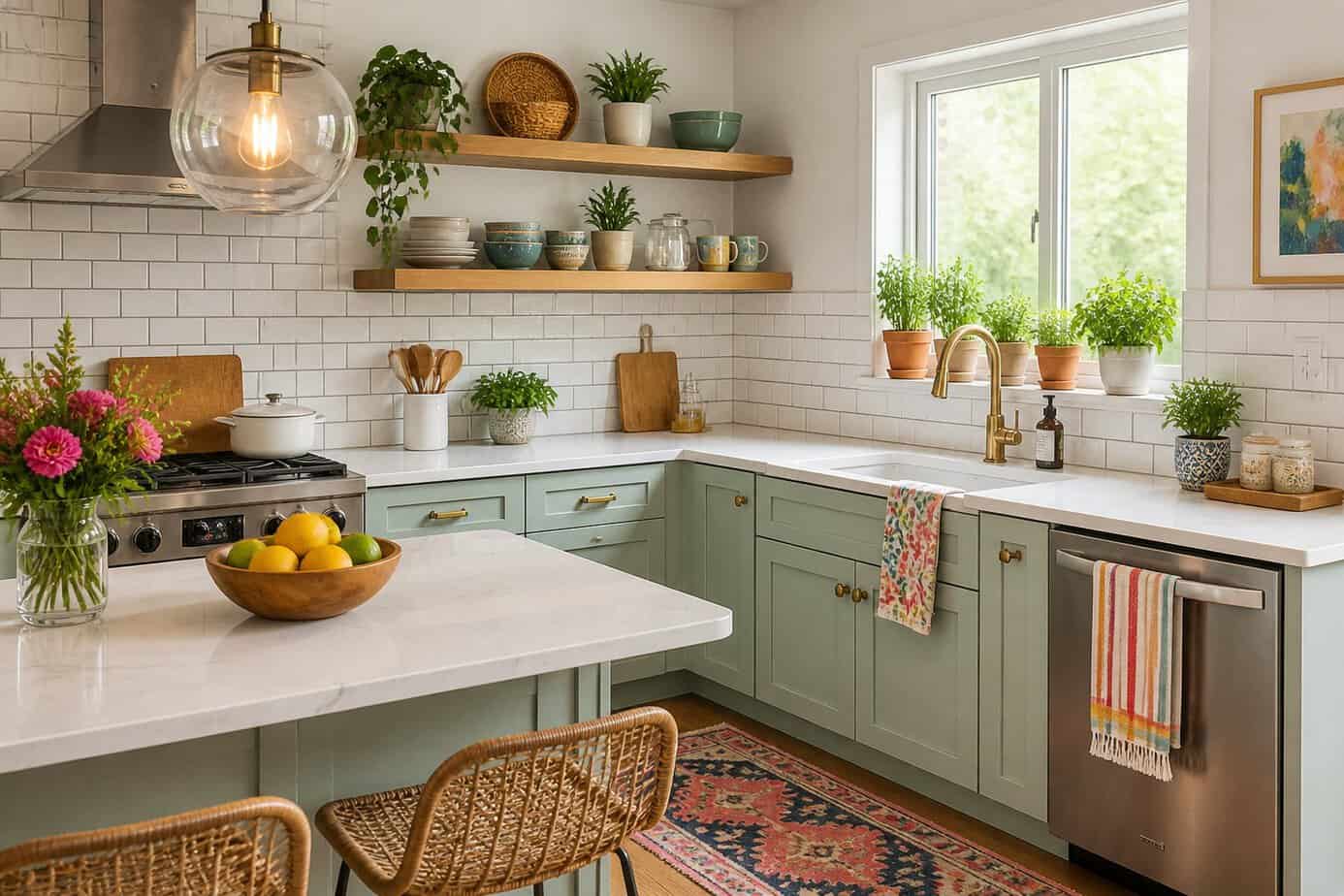 A modern kitchen with new backsplash tiles, open shelves, painted cabinets, indoor herbs, and updated hardware.
