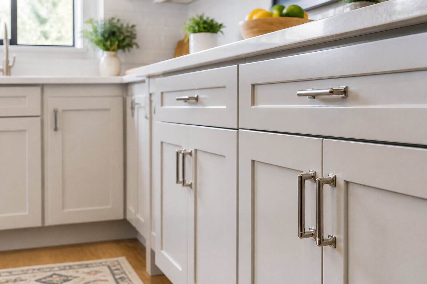 Close-up of freshly painted kitchen cabinets with satin finish in a bright, modern kitchen setting.