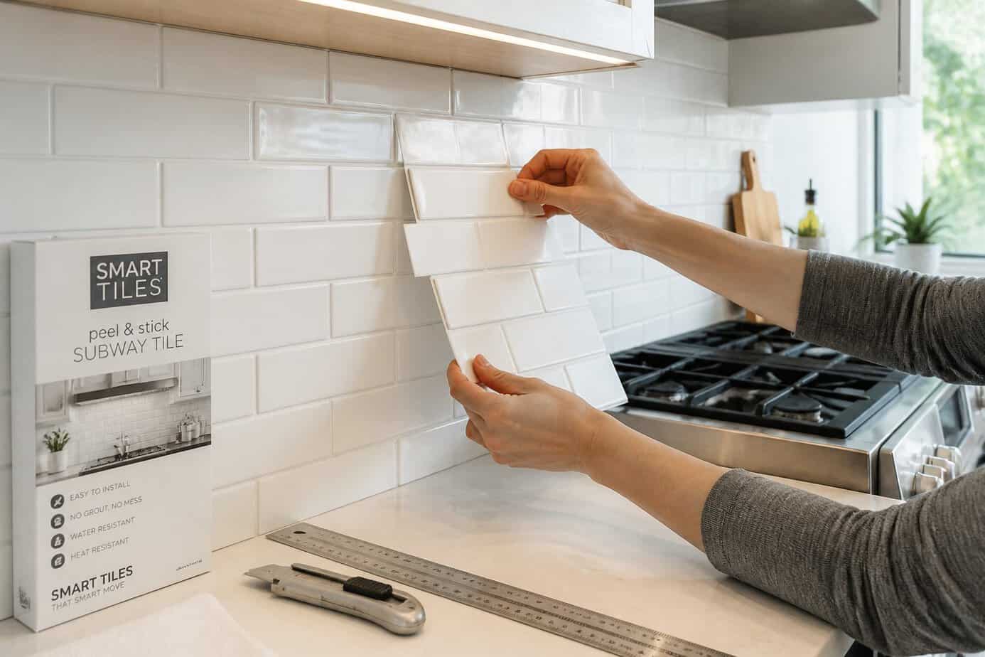 Person installing white peel-and-stick subway tile backsplash in a modern kitchen.