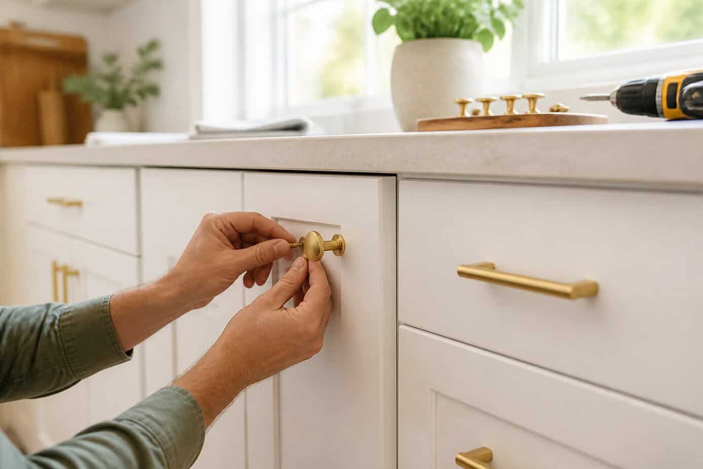 Hands installing brushed brass knobs and pulls on white kitchen cabinets in a bright, modern kitchen.