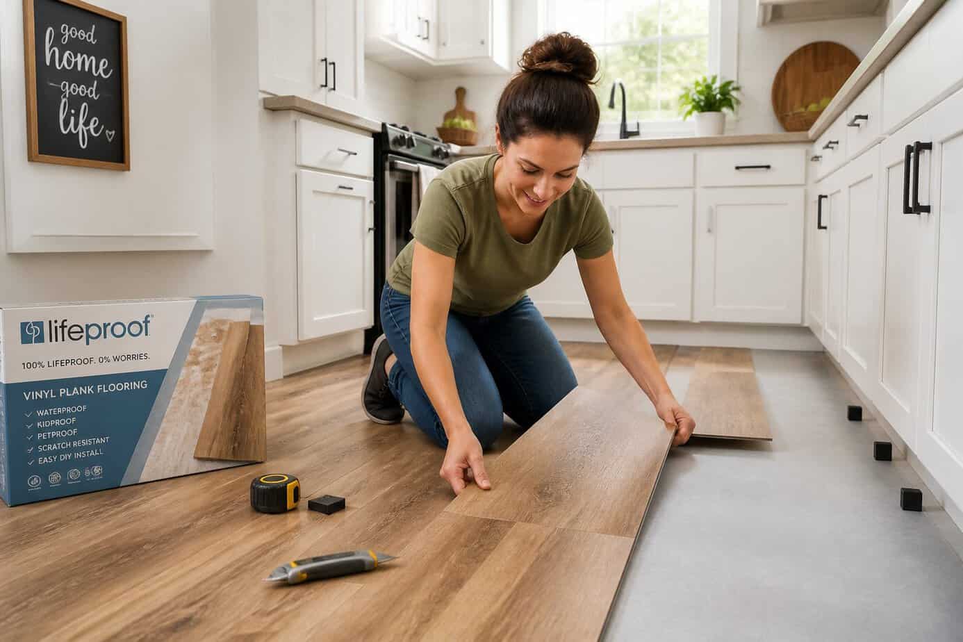 Person installing adhesive vinyl plank flooring in a bright kitchen with white cabinets and natural light.