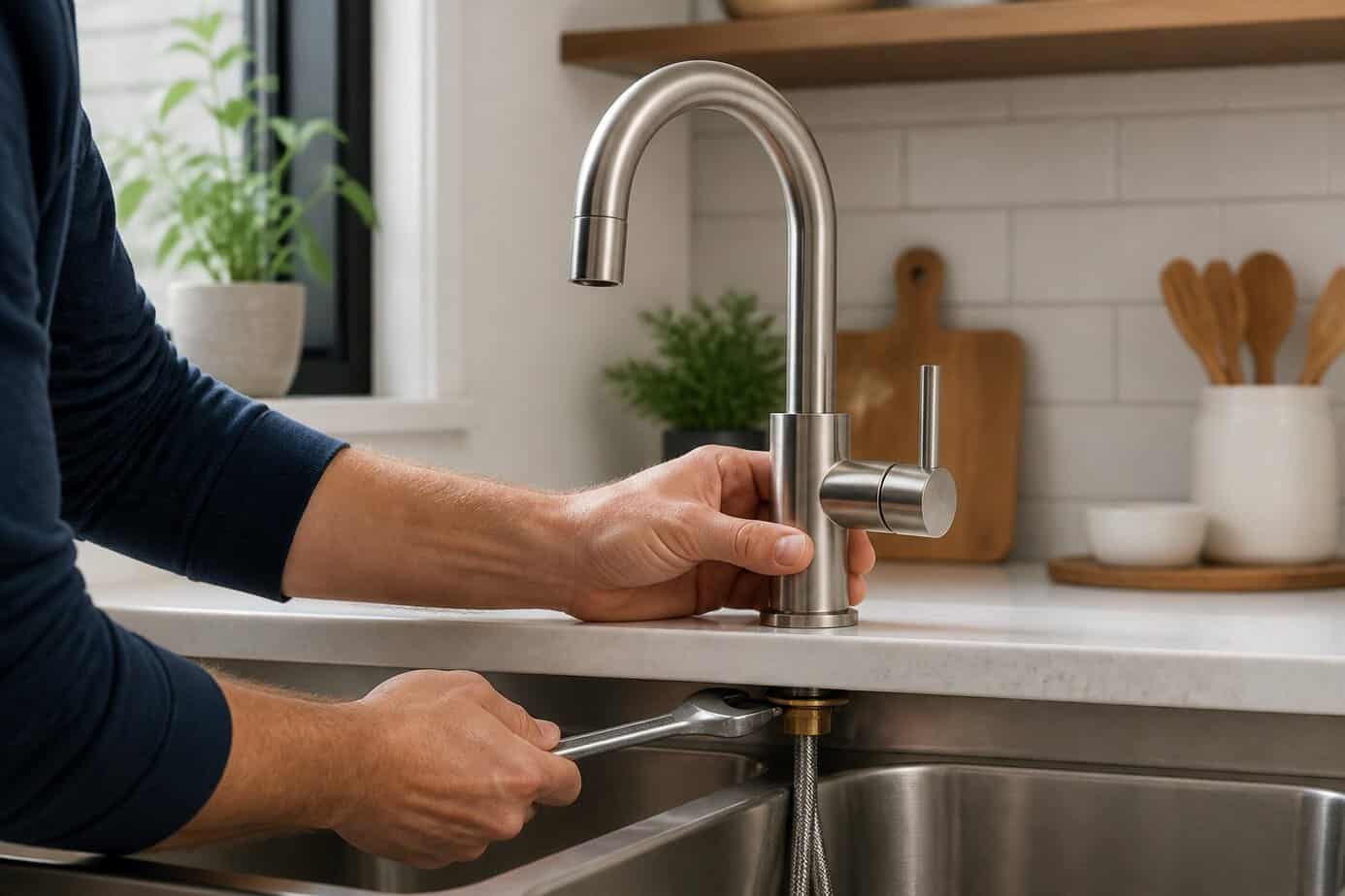 Person installing a single-handle kitchen faucet on a stainless steel sink in a modern kitchen.