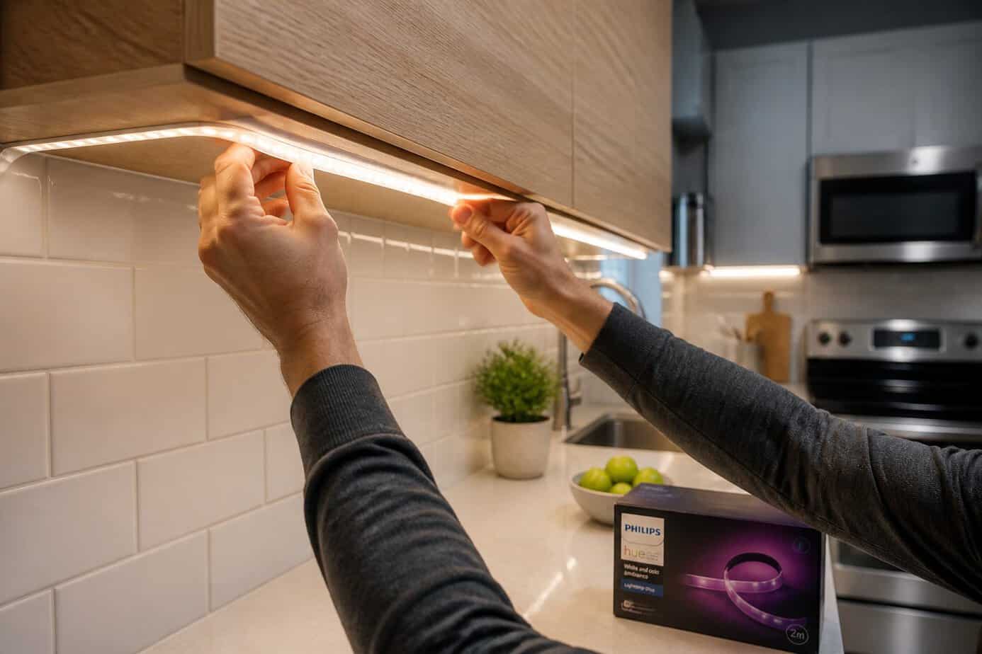 Hands installing LED strip lights under kitchen cabinets above a countertop in a modern kitchen.