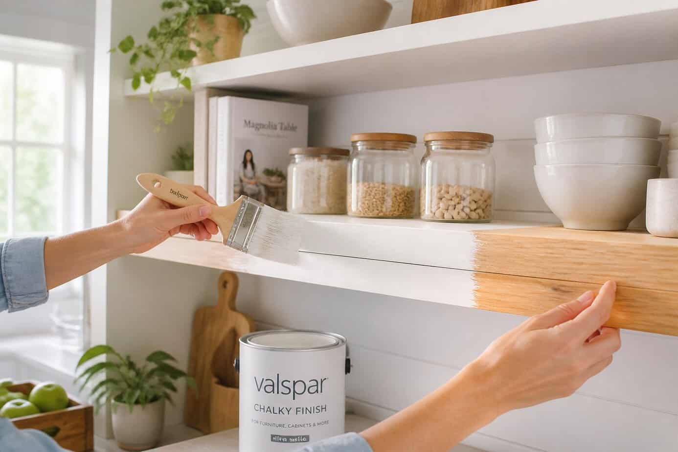 Hands painting wooden open kitchen shelves white with chalky finish paint, surrounded by kitchen items and natural light.