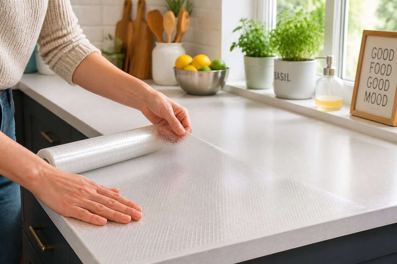 Person applying clear contact paper to a kitchen countertop with hands smoothing it out in a bright kitchen.
