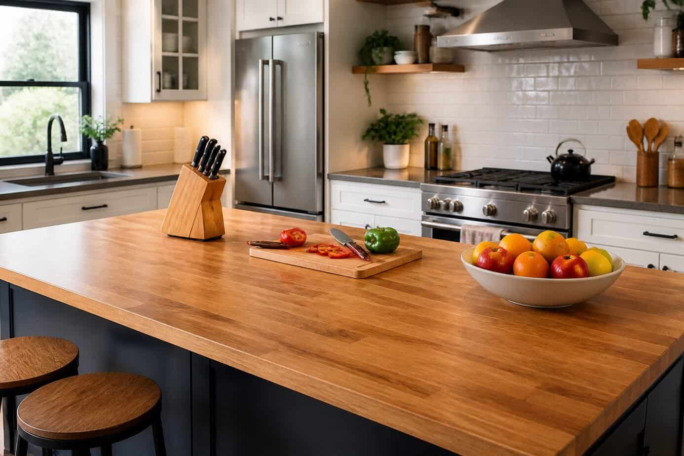A kitchen with a wooden butcher block island top made from an IKEA countertop, featuring kitchen tools and fresh vegetables.