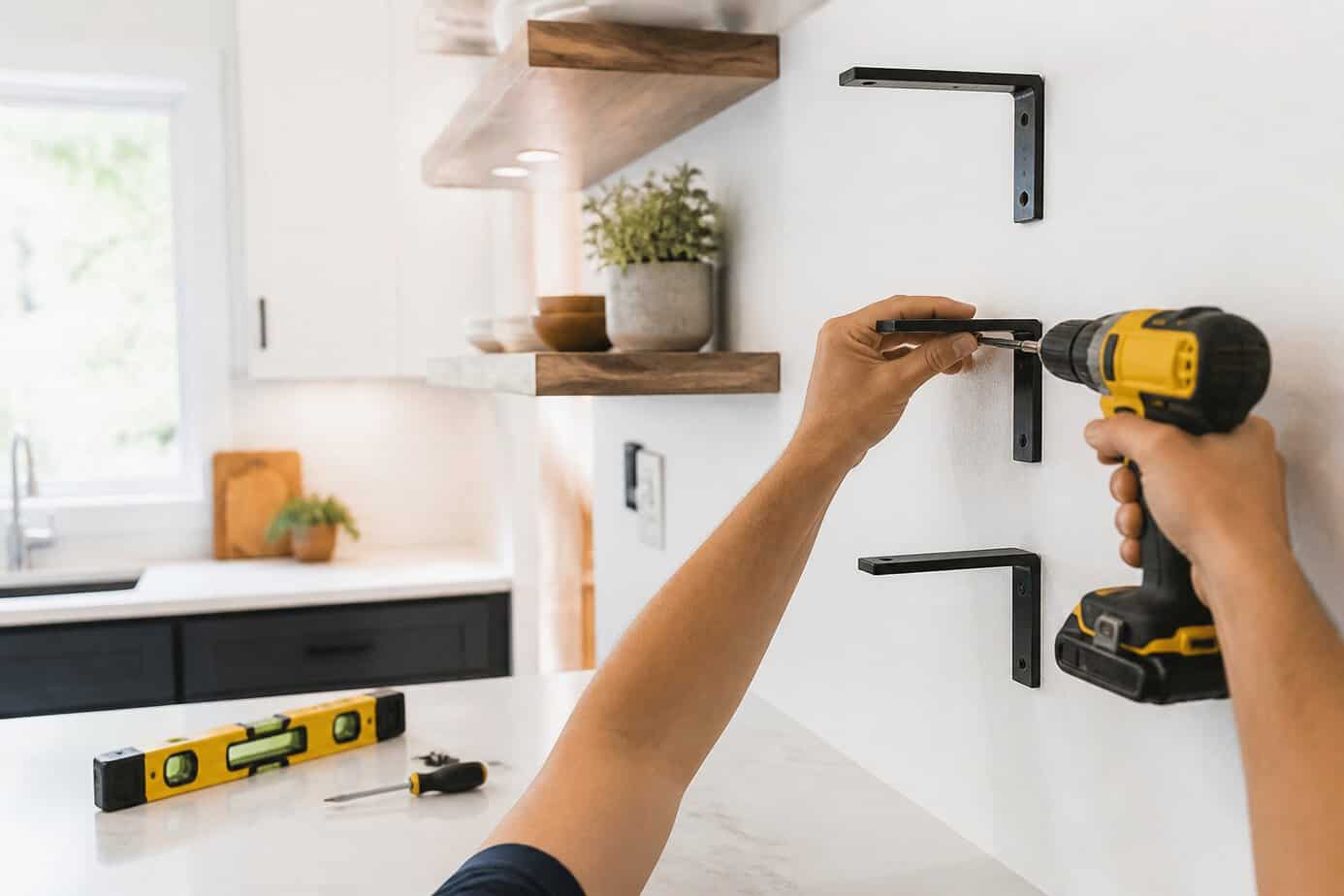 Person installing floating shelves with L-brackets on a kitchen wall using a power drill.
