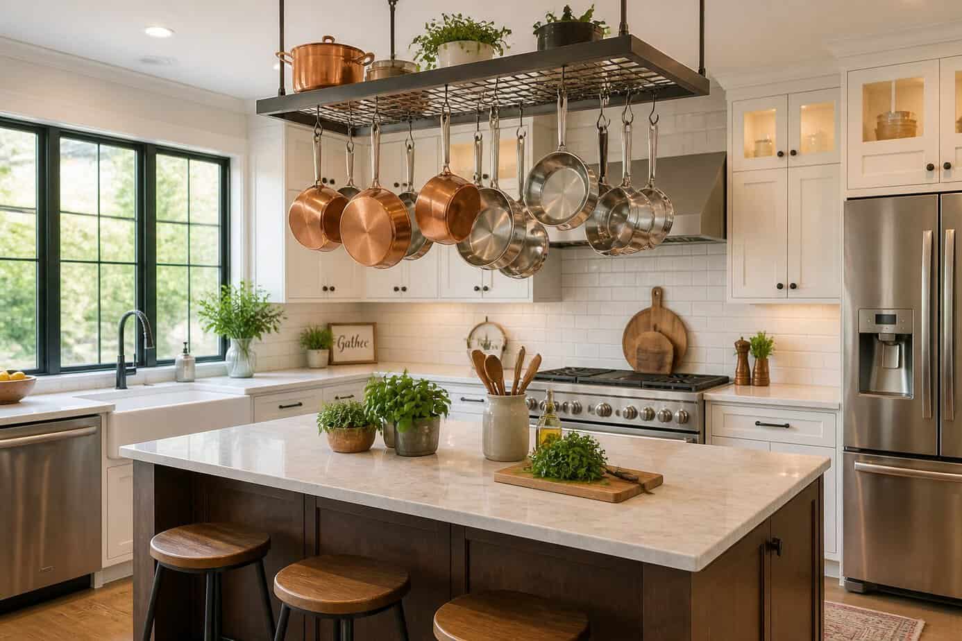 A modern kitchen island with a hanging pot rack displaying pots and pans above it.