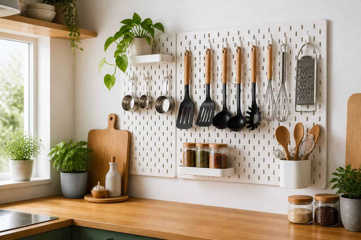 A kitchen wall with a pegboard holding various hanging utensils above a wooden countertop with kitchen items nearby.
